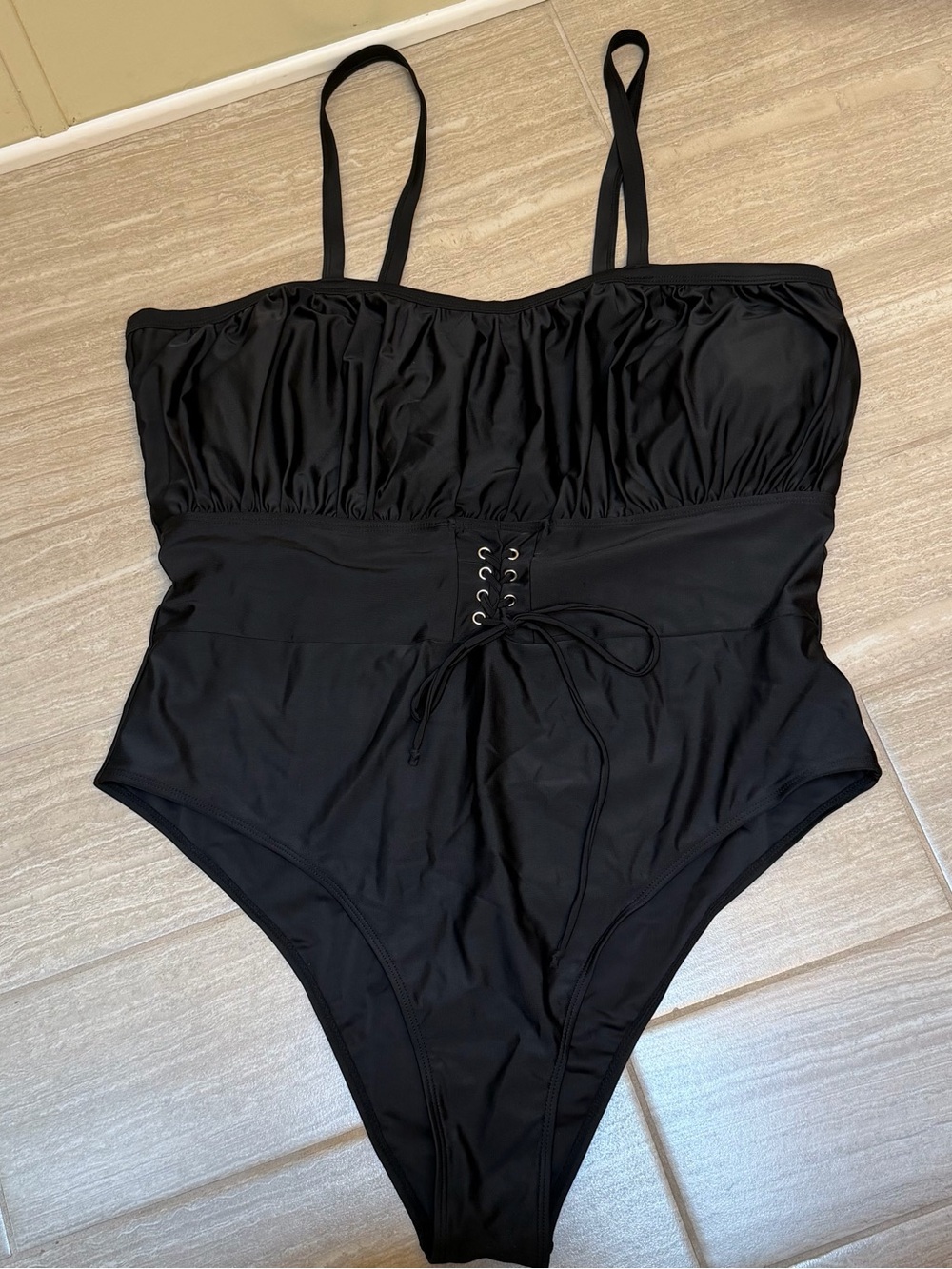 Size 4XL Black One-Piece Swimsuit with Lace-Up Waist